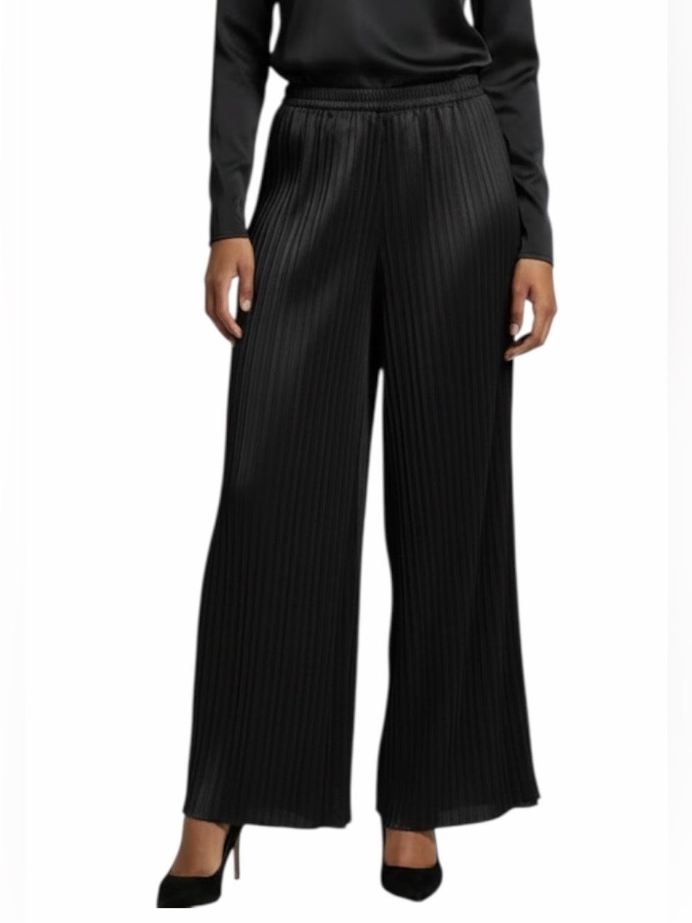 Modern Works Black Pleated Wide Leg Pants XL High Waist Pull On Flowy